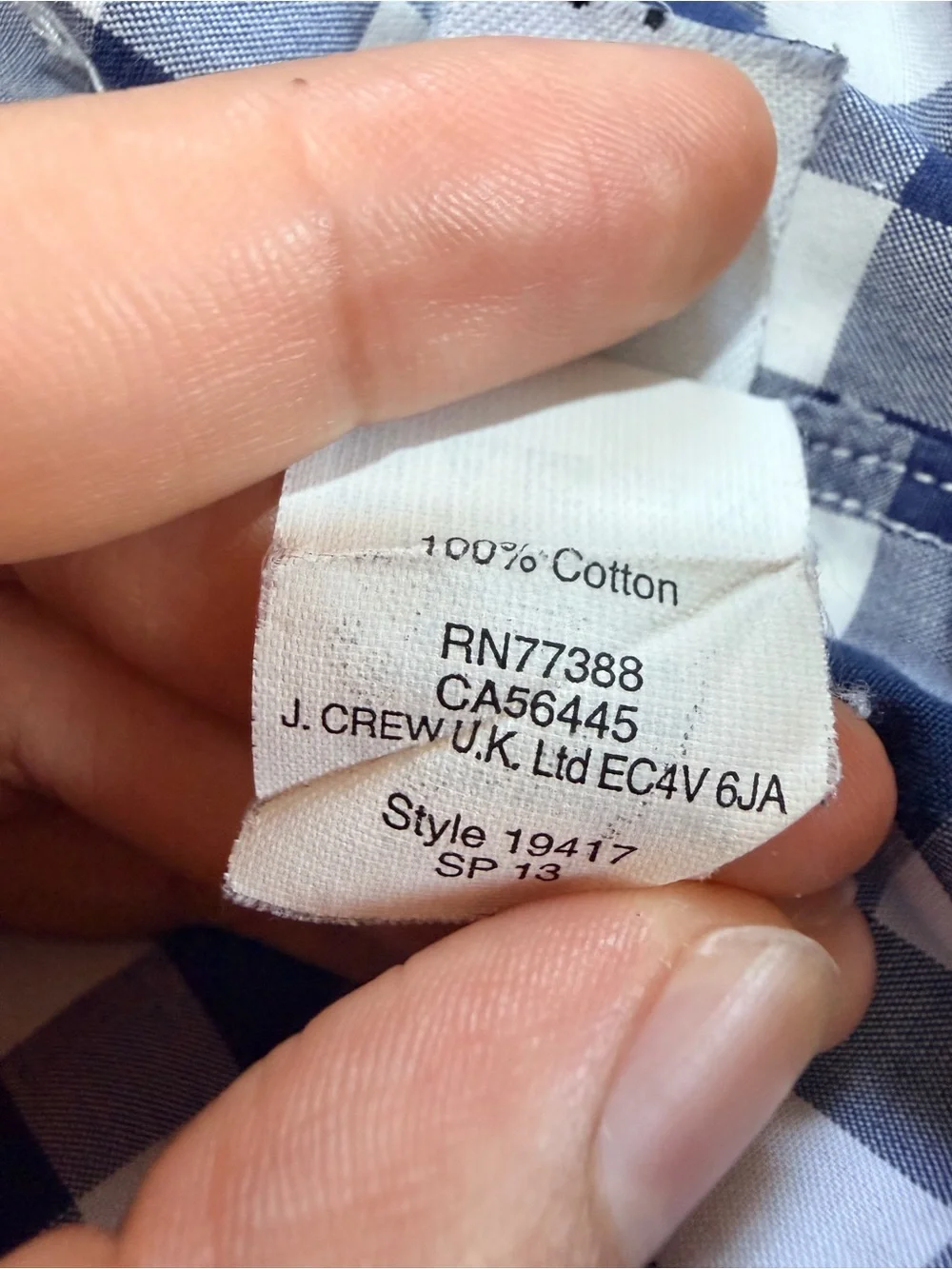 J.Crew Men’s Large Blue White Gingham Check Long Sleeve Shirt